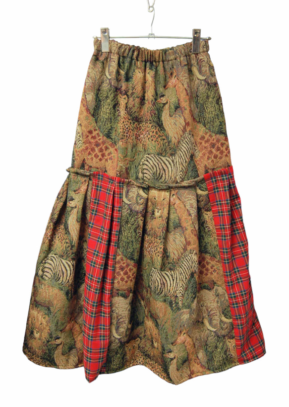 アニマルサファリ　ゴブラン織り×タータンチェック　裾プリーツロングスカート 1枚目の画像