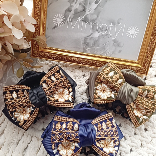 新色！カーキ ブラウンゴールド アンティークフラワー インド刺繍