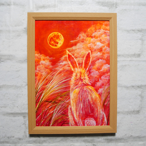 油絵 油彩 油彩画 絵画 絵【オレンジの月うさぎ】 絵画 HR 通販
