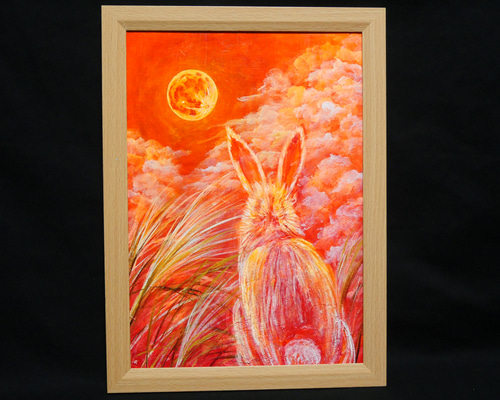 油絵 油彩 油彩画 絵 絵画【お月見うさぎ】 油絵 油彩 油彩画 絵画 絵【オレンジの月うさぎ】 絵画 HR 通販