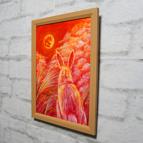 油絵 油彩 油彩画 絵画 絵【オレンジの月うさぎ】 絵画 HR 通販