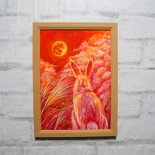 油絵 油彩 油彩画 絵画 絵【オレンジの月うさぎ】 絵画 HR 通販