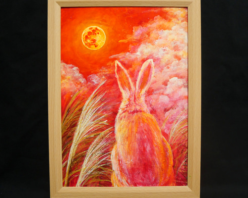 油絵 油彩 油彩画 絵画 絵【オレンジの月うさぎ】 絵画 HR