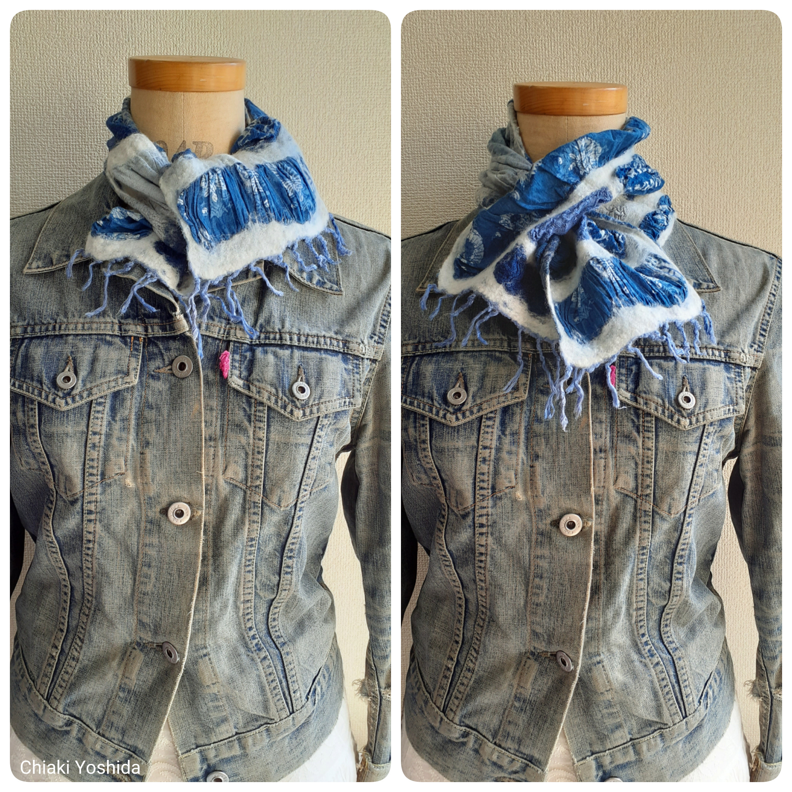 Pattiworkストール ミニ　雪の日 インディゴ<インド綿ブロックプリント 羊毛フェルト 藍染め>