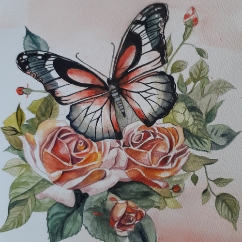 水彩画 蝶とバラの花 絵画 makochin 通販 16433197｜Creema
