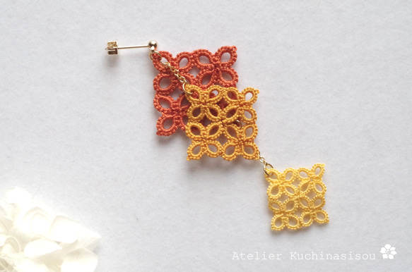 [訂做] 三款梭織蕾絲方形耳環&lt;橙色&gt; 第3張的照片