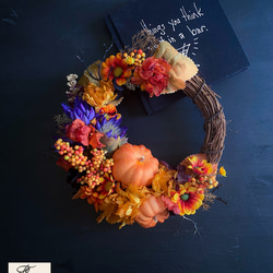 秋のリース　アーティフィシャルフラワー　造花　造花リース　秋　ハロウィン　毎年飾れる　プレゼント　秋リース　かぼちゃ 1枚目の画像