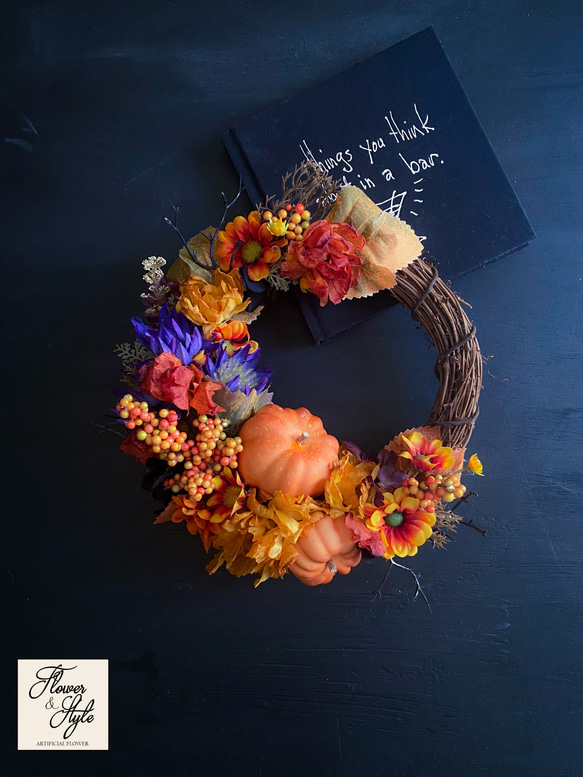 秋のリース　アーティフィシャルフラワー　造花　造花リース　秋　ハロウィン　毎年飾れる　プレゼント　秋リース　かぼちゃ 1枚目の画像