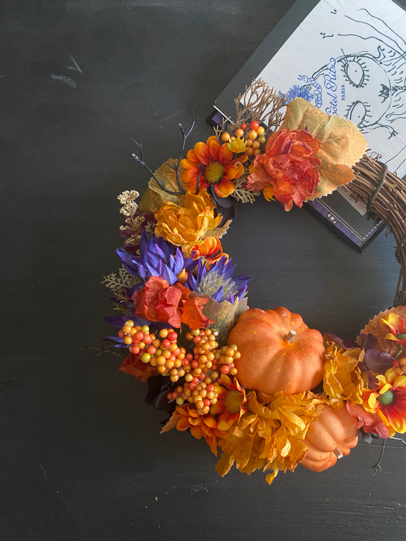 秋のリース　アーティフィシャルフラワー　造花　造花リース　秋　ハロウィン　毎年飾れる　プレゼント　秋リース　かぼちゃ 2枚目の画像