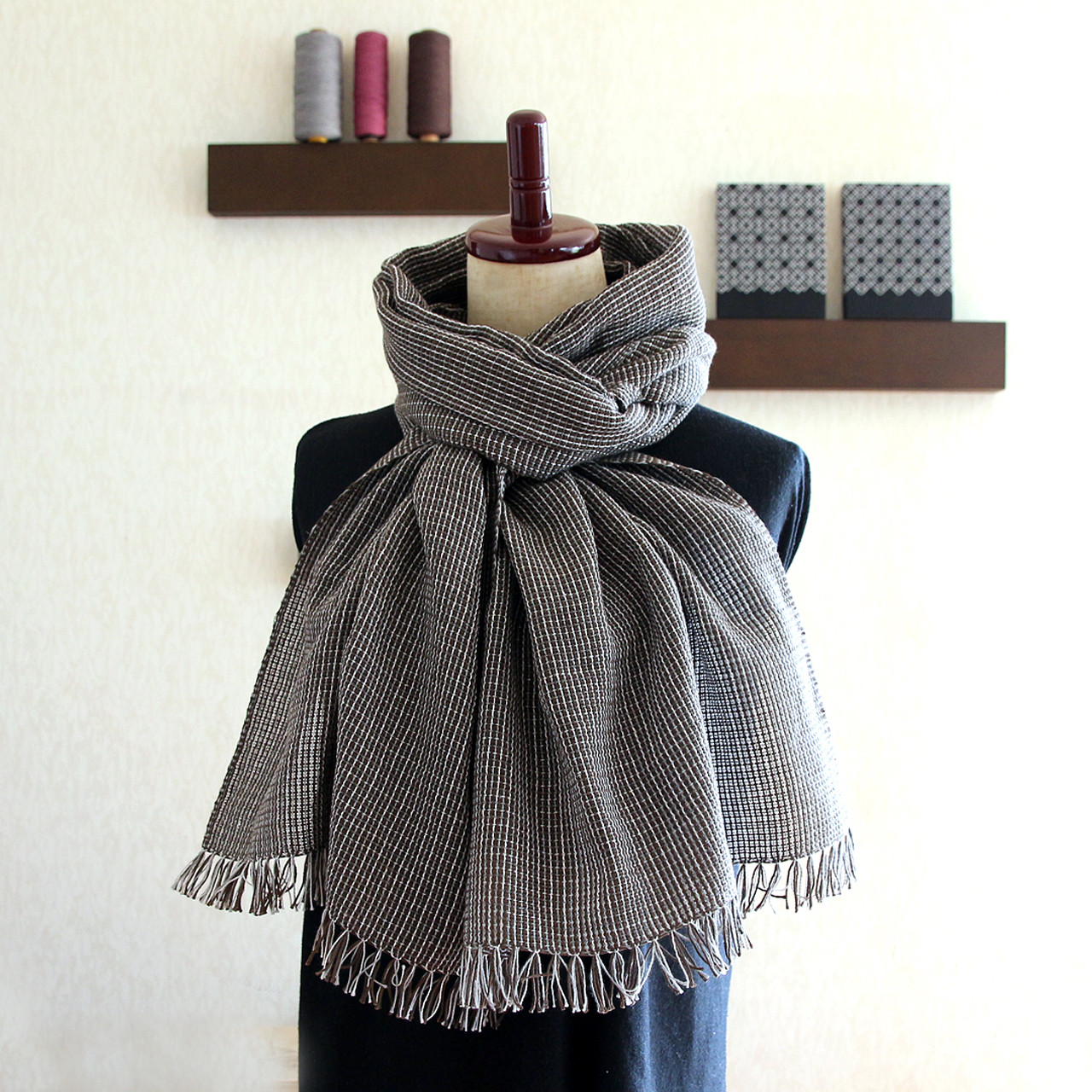 リネン＆コットン チクチクしない手織りストール【ブラウン x ブルーグレー x ライトグレー】