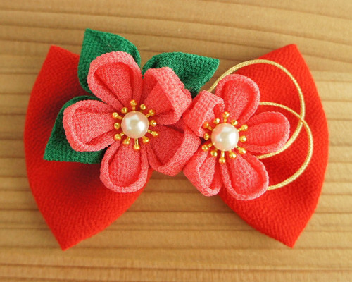 つまみ細工 ちりめん リボン 小さめ 髪飾り 赤色系 七五三等に♪ ヘア  