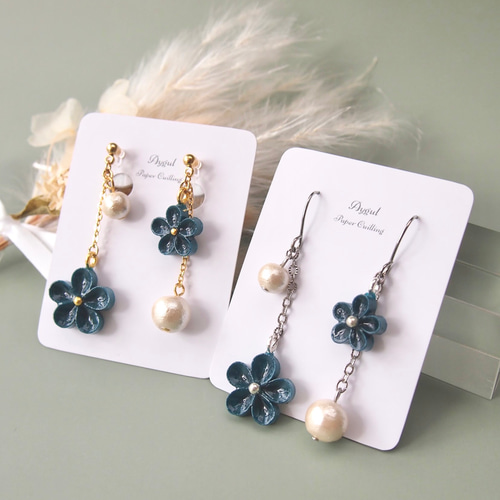 紫陽花とコットンパールピアス・イヤリング 紫陽花スカートのコットンパールイヤリング | iichi 日々の