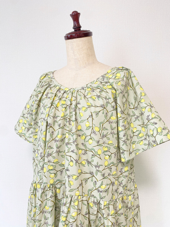 [Kazu-sama 儲備品] 檸檬短袖連衣裙 * 均碼 * 100% 棉 * 檸檬水果圖案 * 苔蘚綠 第12張的照片