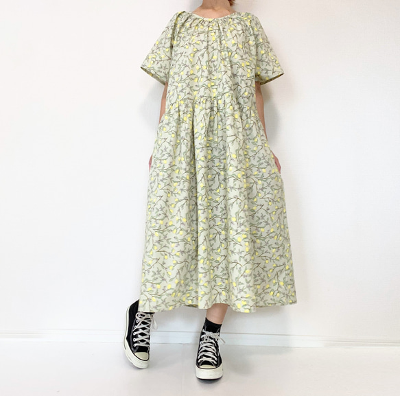 [Kazu-sama 儲備品] 檸檬短袖連衣裙 * 均碼 * 100% 棉 * 檸檬水果圖案 * 苔蘚綠 第4張的照片