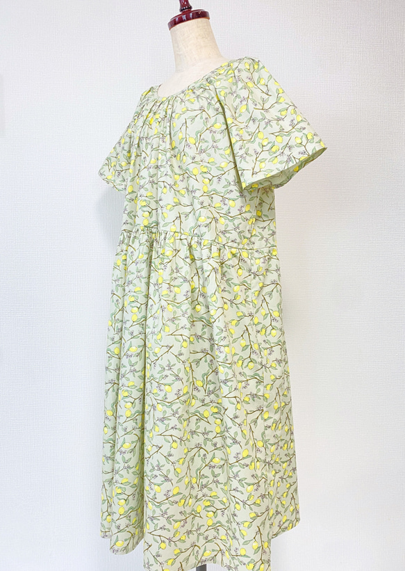 [Kazu-sama 儲備品] 檸檬短袖連衣裙 * 均碼 * 100% 棉 * 檸檬水果圖案 * 苔蘚綠 第15張的照片