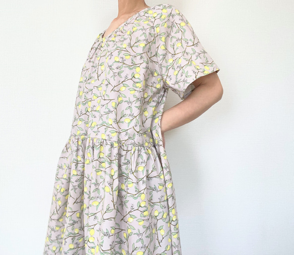 [Kazu-sama 儲備品] 檸檬短袖連衣裙 * 均碼 * 100% 棉 * 檸檬水果圖案 * 苔蘚綠 第18張的照片