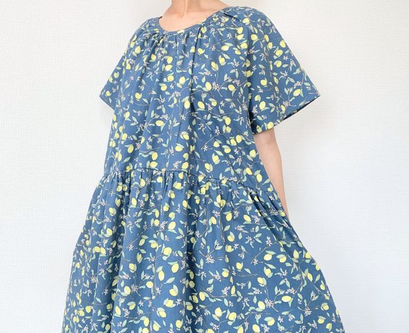 [Kazu-sama 儲備品] 檸檬短袖連衣裙 * 均碼 * 100% 棉 * 檸檬水果圖案 * 苔蘚綠 第17張的照片