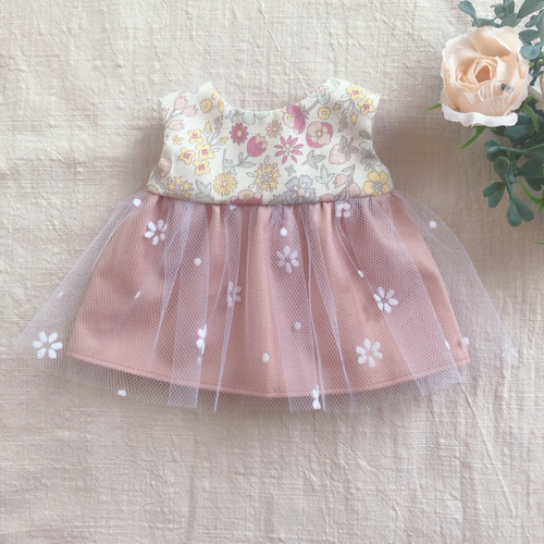26cmドール用 裏地付き♡くすみ色のお花チュールワンピース ソラン
