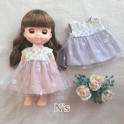 26cmドール用 裏地付き♡くすみ色のお花チュールワンピース 26cmドール用 裏地付き♡くすみ色のお花チュールワンピース