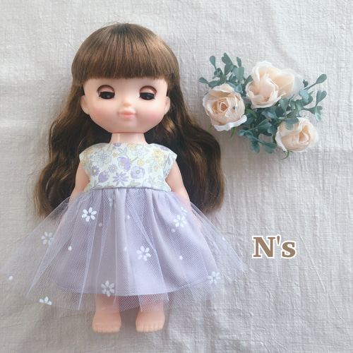 26cmドール用 裏地付き♡くすみ色のお花チュールワンピース ソラン