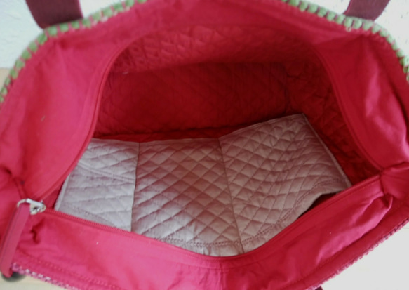 手織(綿とシルク、裂き織り)トートバッグ　  ファスナー34cm　 表：手織、綿とシルク　裏：綿100％ 7枚目の画像