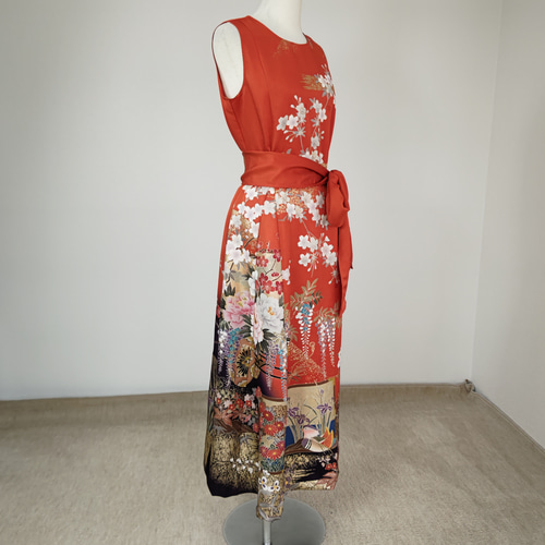 zunezune 振袖ドレス ノースリーブ 着物リメイクワンピース 赤橙