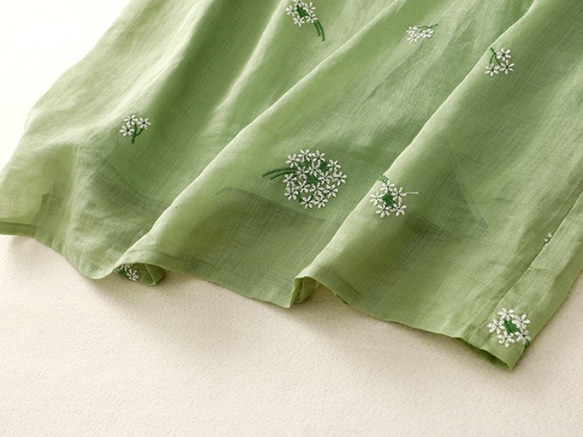 【受注】 綿麻ワンピース グリーン 刺繍 ロングワンピ 洗濯可 6枚目の画像