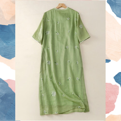 【受注】 綿麻ワンピース グリーン 刺繍 ロングワンピ 洗濯可 2枚目の画像