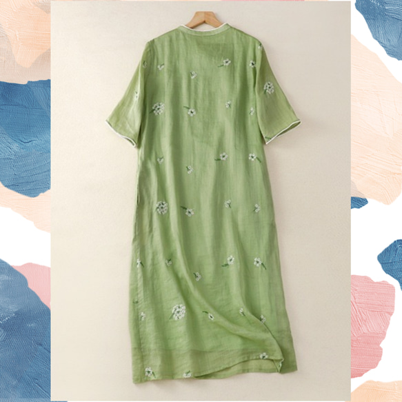 【受注】 綿麻ワンピース グリーン 刺繍 ロングワンピ 洗濯可 2枚目の画像