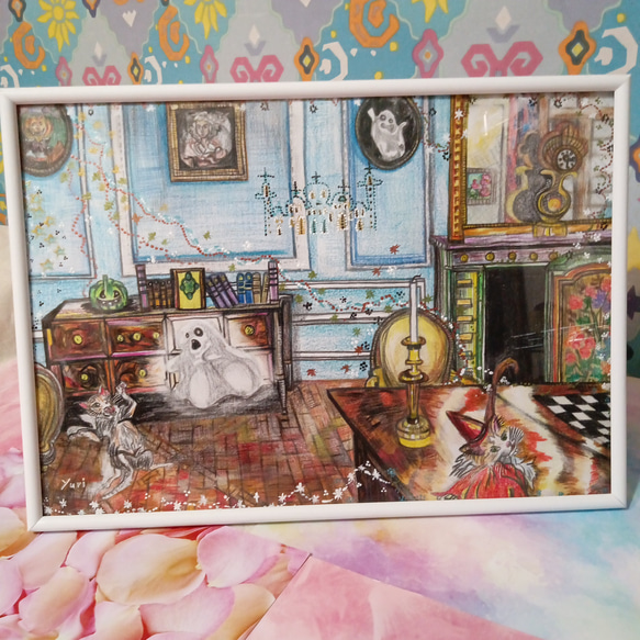 【在庫僅少】 猫ちゃん ハロウィン 手書き ハンドメイド おばけ 宮殿・教会 イラスト