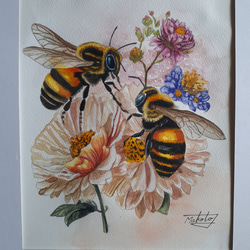 蜂 蜜蜂 熊蜂 丸蜂 昆虫 花 縁起物 原画 アート 絵画 画家 クレパス画 蜂 蜜蜂 熊蜂 丸蜂 昆虫 花 縁起物 原画 アート 絵画 画家