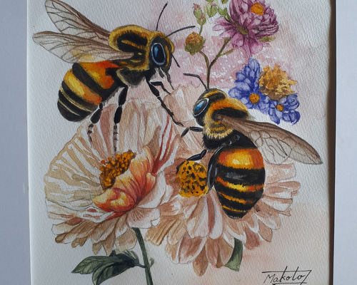 蜂 蜜蜂 熊蜂 丸蜂 昆虫 花 縁起物 原画 アート 絵画 画家 クレパス画 蜂 蜜蜂 熊蜂 丸蜂 昆虫 花 縁起物 原画 アート 絵画 画家