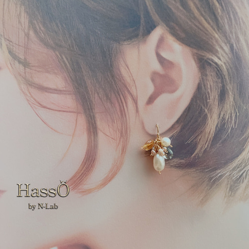 天然石・14kgf* 小さなブーケ ピアス イヤリング *淡水パールしずく