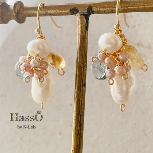 天然石・14kgf* 小さなブーケ ピアス イヤリング *淡水パールしずく