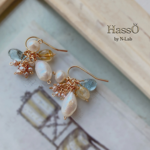 天然石・14kgf* 小さなブーケ ピアス イヤリング *淡水パールしずく