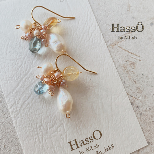 天然石・14kgf* 小さなブーケ ピアス イヤリング *淡水パールしずく