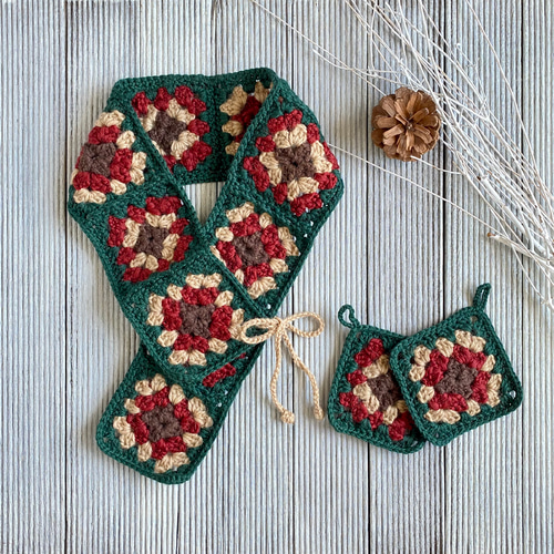 冬のお出かけに》手編み 紅葉カラー＊3WAY♢ミニマフラー・大人のつけ