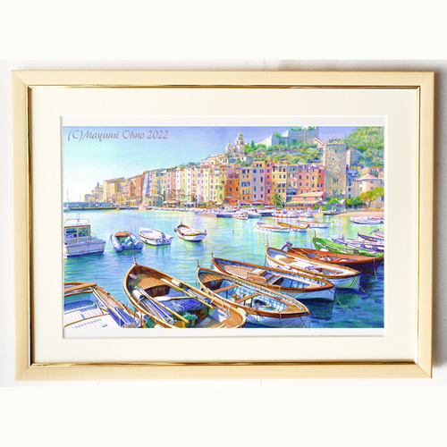 57cm額装イタリアで版画化☆リヴィエラ ヨーロッパ ポルトヴェーネレ