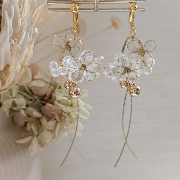 NEW!再販オーロラフラワーとディップアートドロップピアス／イヤリング shiny flower~ オーロラフラワー ディップアート ピアス イヤリング