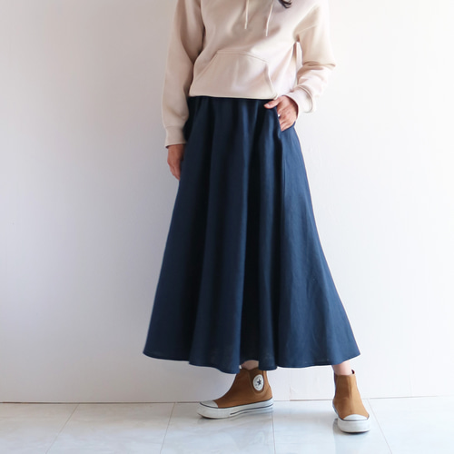 【美品】セオリーリュクス マキシフレアスカート ストレッチリネン 黒ウエストゴム 4/6再販】□7日内発送□マキシスカート好きが作った歩く度揺れる