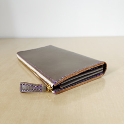 革のL字ファスナー長財布　大容量　スムースレザー　ツルッとした革　グレー　通帳も入る財布 4枚目の画像