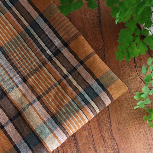 1/60 フレンチリネン先染めBIGチェック柄生地 50cm単位 60545 オレンジ