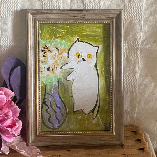 絵画 。壁掛け絵原画手描き【部屋の中で花瓶を片付ける少女と