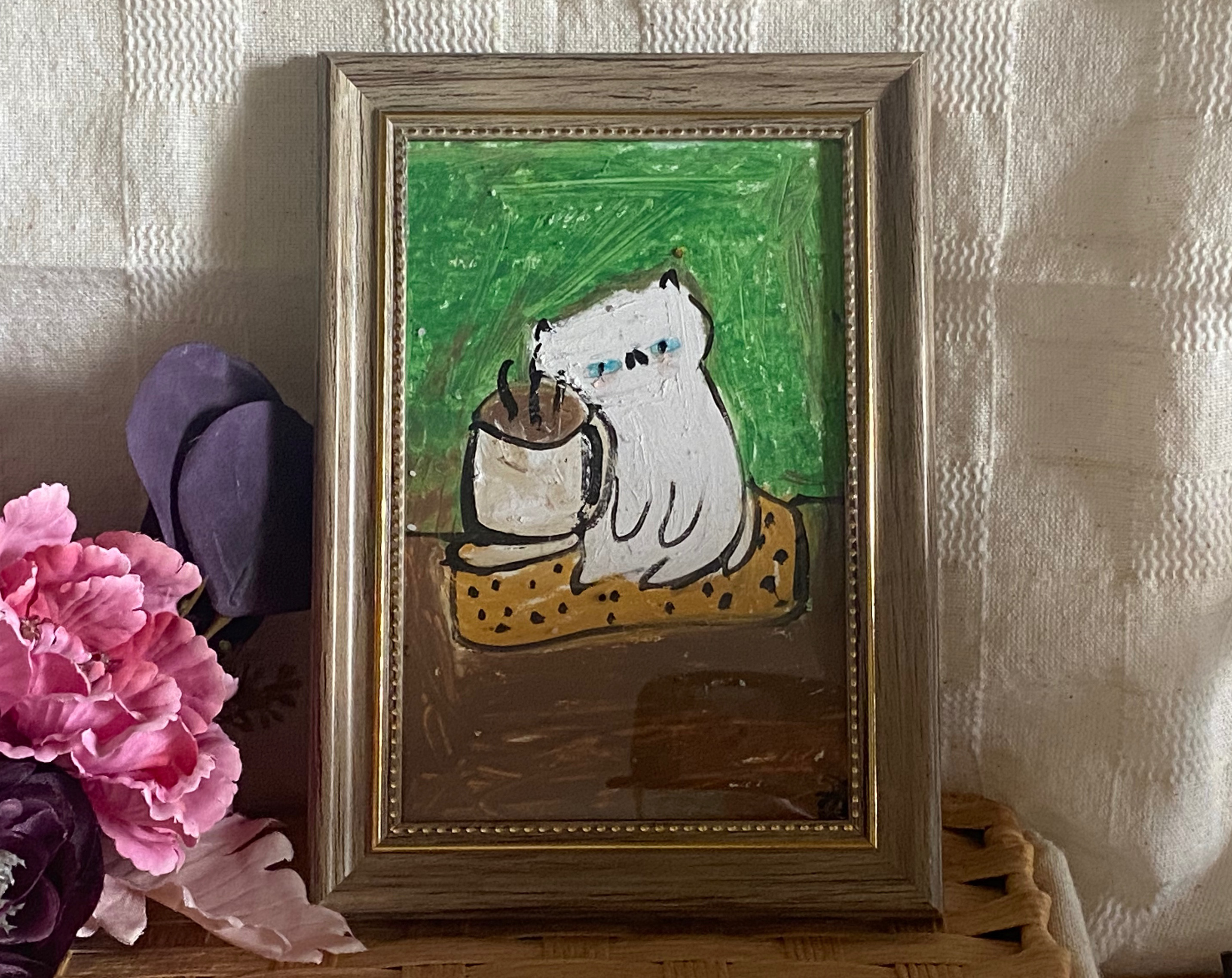 絵画。原画手描【週末、猫ちゃんたちのコーヒーとパンのパーティー】