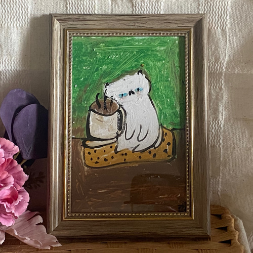 絵画。原画手描き【猫ちゃんはふわふわのパンとコーヒーが好き】 絵画 ...
