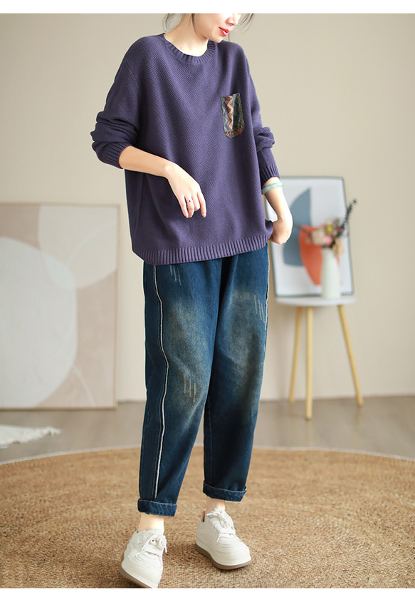 紫陽花 ニット レディース 長袖 トップス ゆったり ワイド ニット セーター オーバーサイズ ニット生地 ノルディック 3枚目の画像