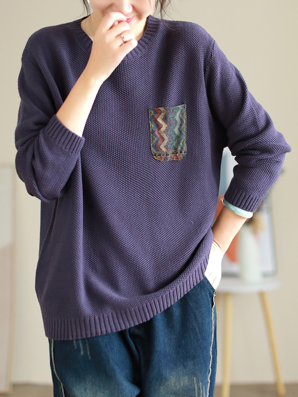 紫陽花 ニット レディース 長袖 トップス ゆったり ワイド ニット セーター オーバーサイズ ニット生地 ノルディック 4枚目の画像
