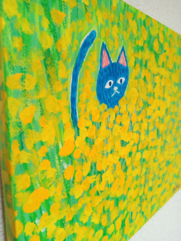 『ネコと黄色い花』アクリル絵画　原画　サイズ約27㎝×22㎝　アート　絵画　アートボード 5枚目の画像