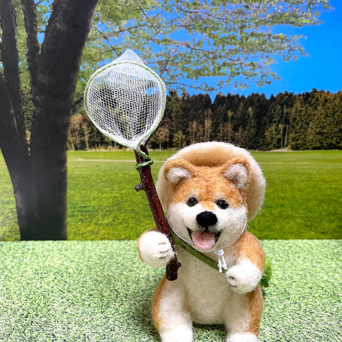 虫とり網を持った柴犬ちゃん羊毛フェルト 羊毛フェルト mofucoro