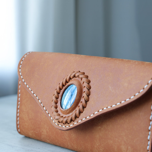 オルガン長財布 使用品 天然石×牛革 大容量 総手縫い ハンドメイド 天然石×革の組み合わせ」長財布 レディース 革 大容量 牛革